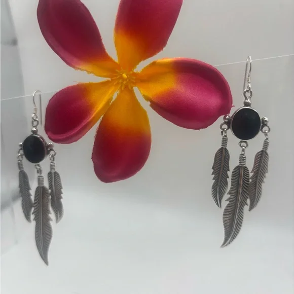 Vintage Black Agate 925 Feather Dangling Earrings - Picture 3 of 8